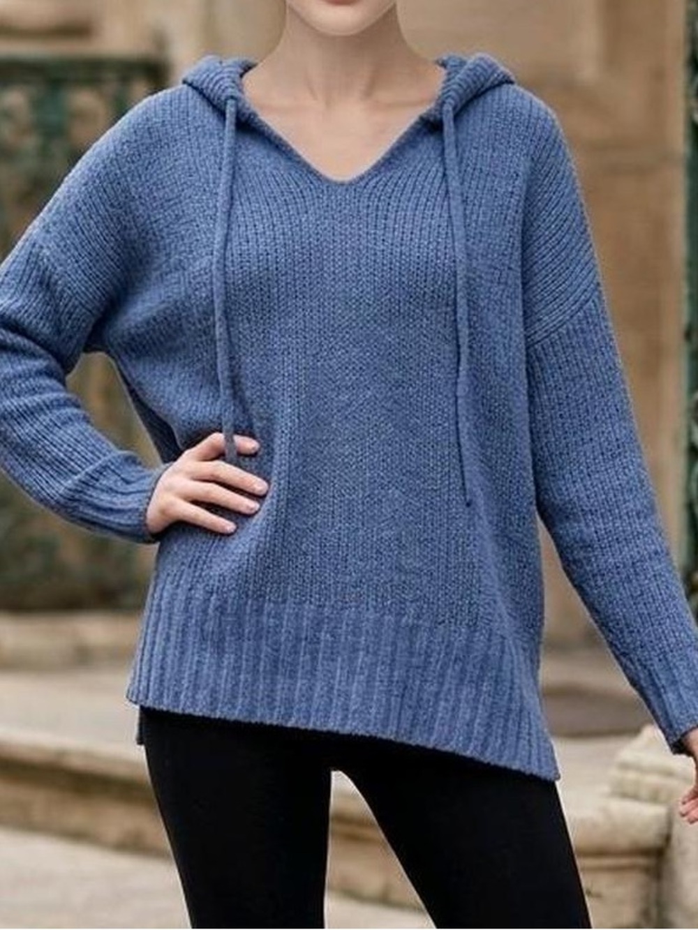 Aerie V-Neck Hooded Knit Sweater in Dusty Blue
